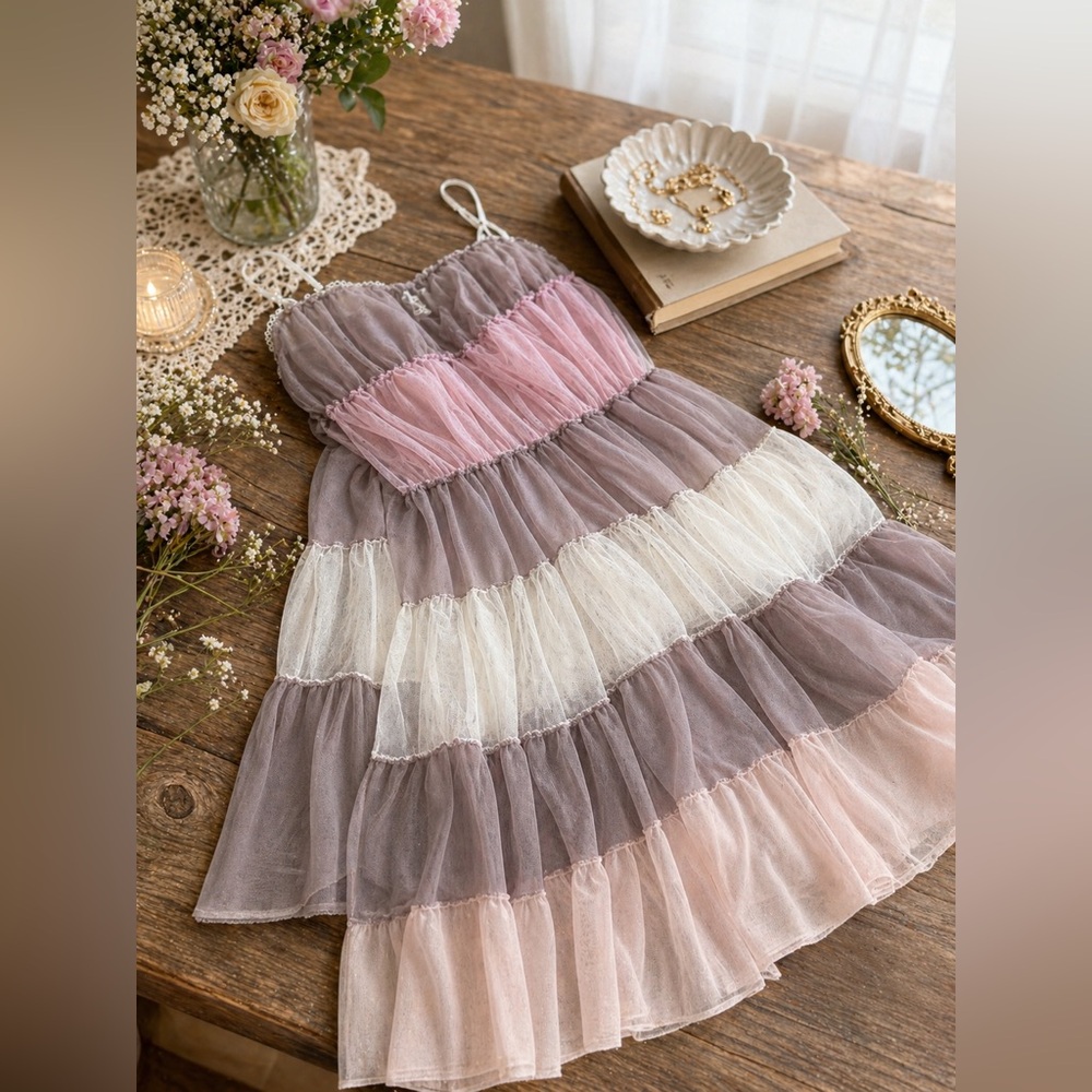 FREE PEOPLE Tiered Mesh Slip Dress | Maxi Pastel Color Block | Rare Find | Sz M